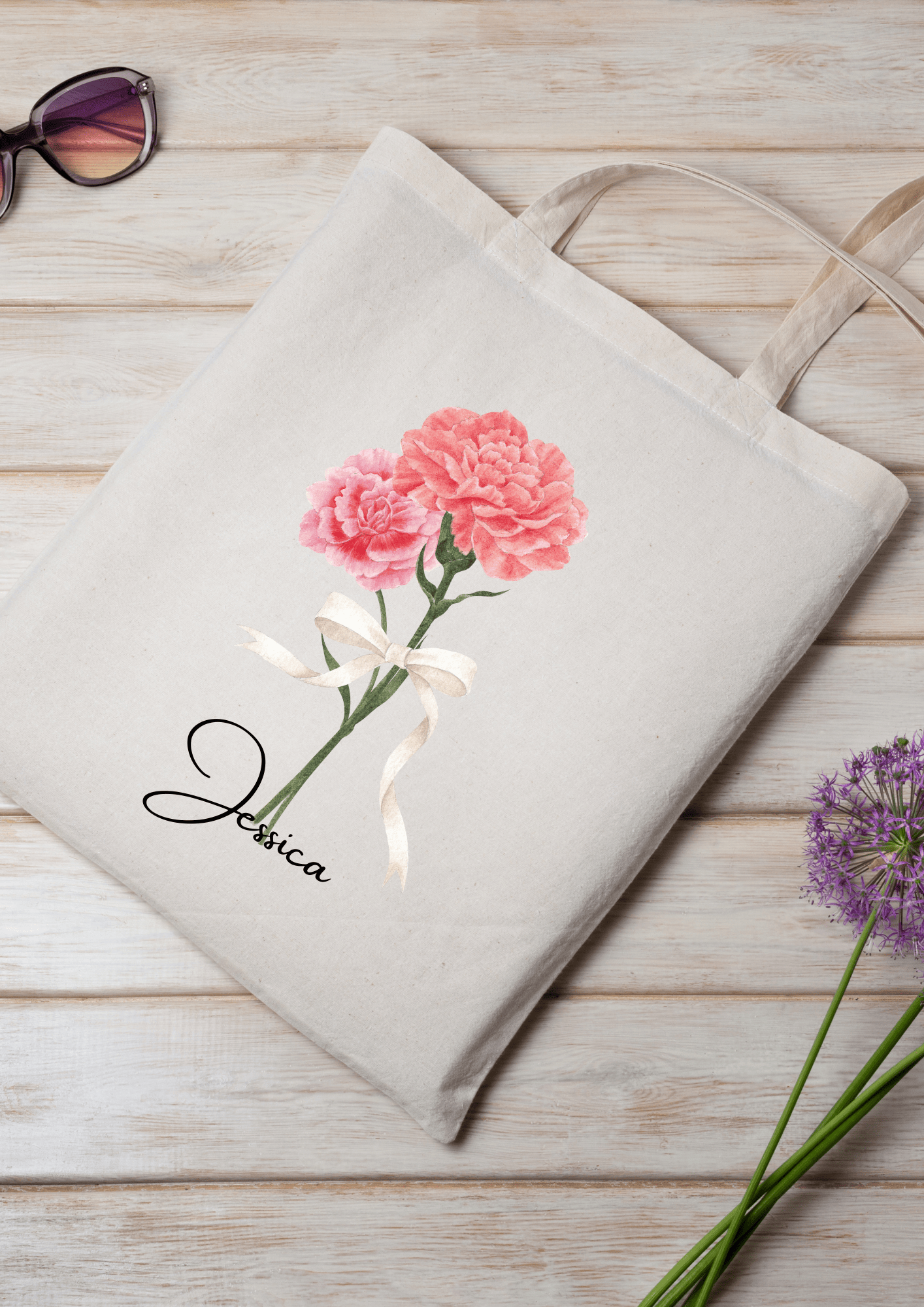 Personalized Canvas Tote Bag with January Birth Month Flower