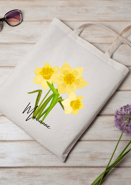 Personalized Canvas Tote Bag with March Birth Month Flower
