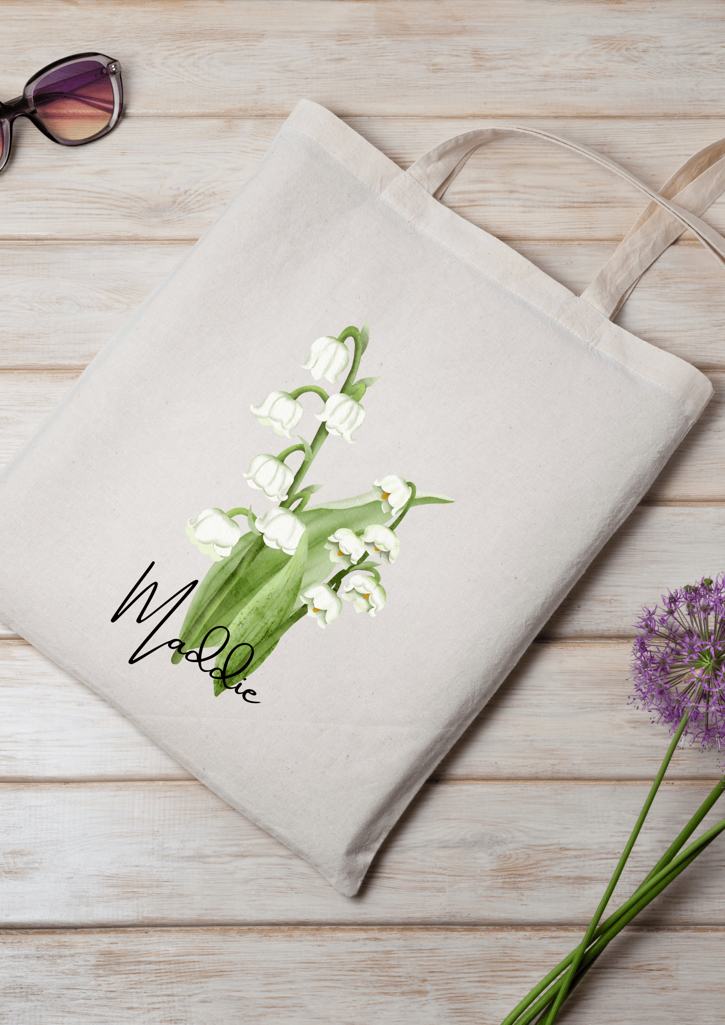 Personalized Canvas Tote Bag with May Birth Month Flower