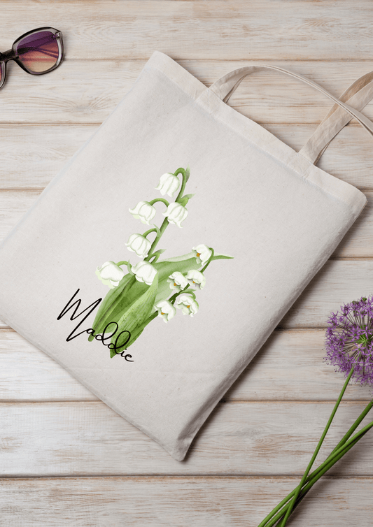 Personalized Canvas Tote Bag with May Birth Month Flower