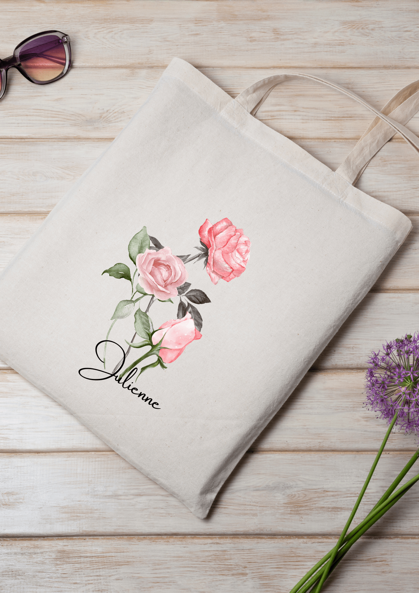 Personalized Canvas Tote Bag with June Birth Month Flower