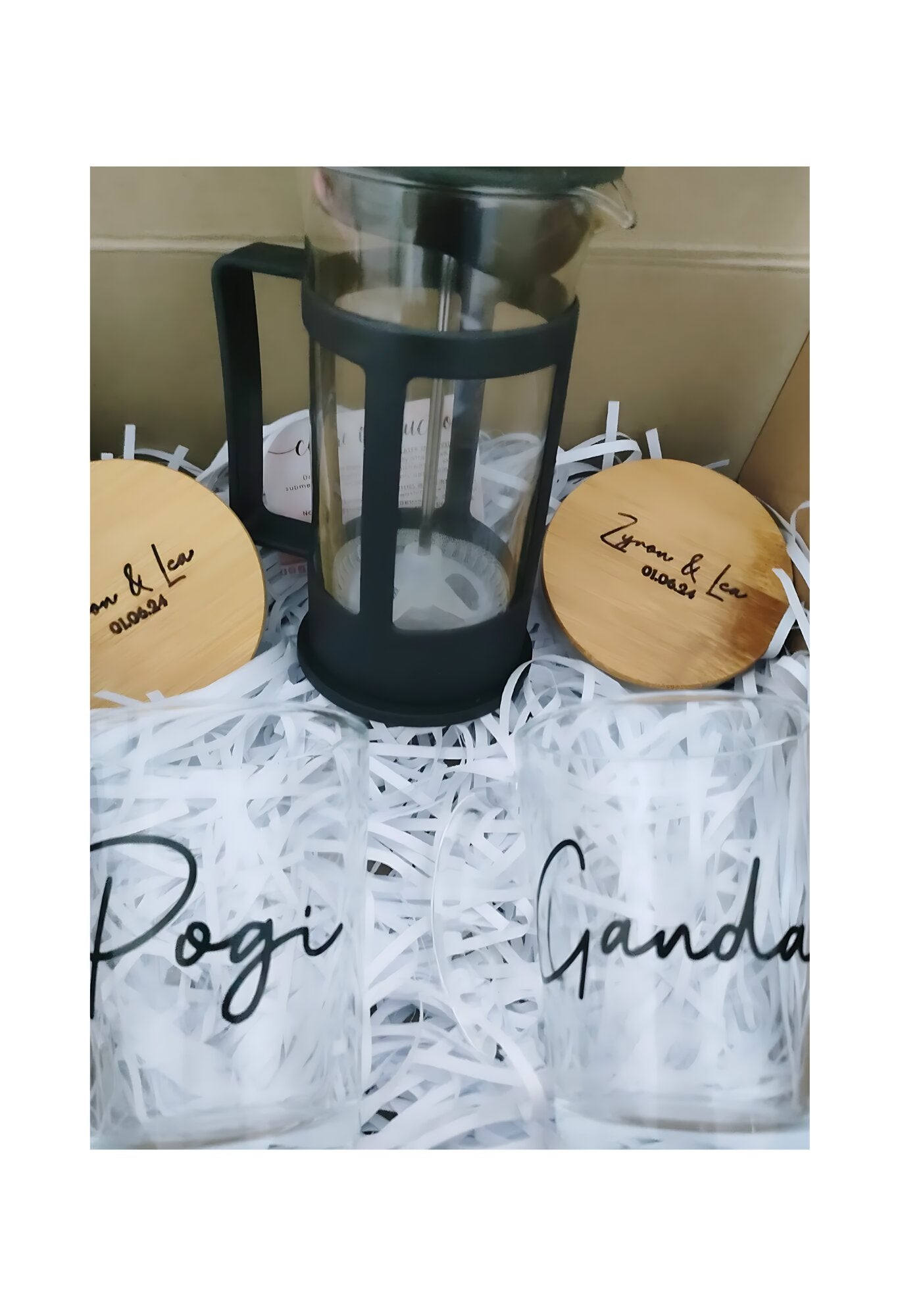 Personalized Engraved Clear Glass Mug and Coffee Press Set
