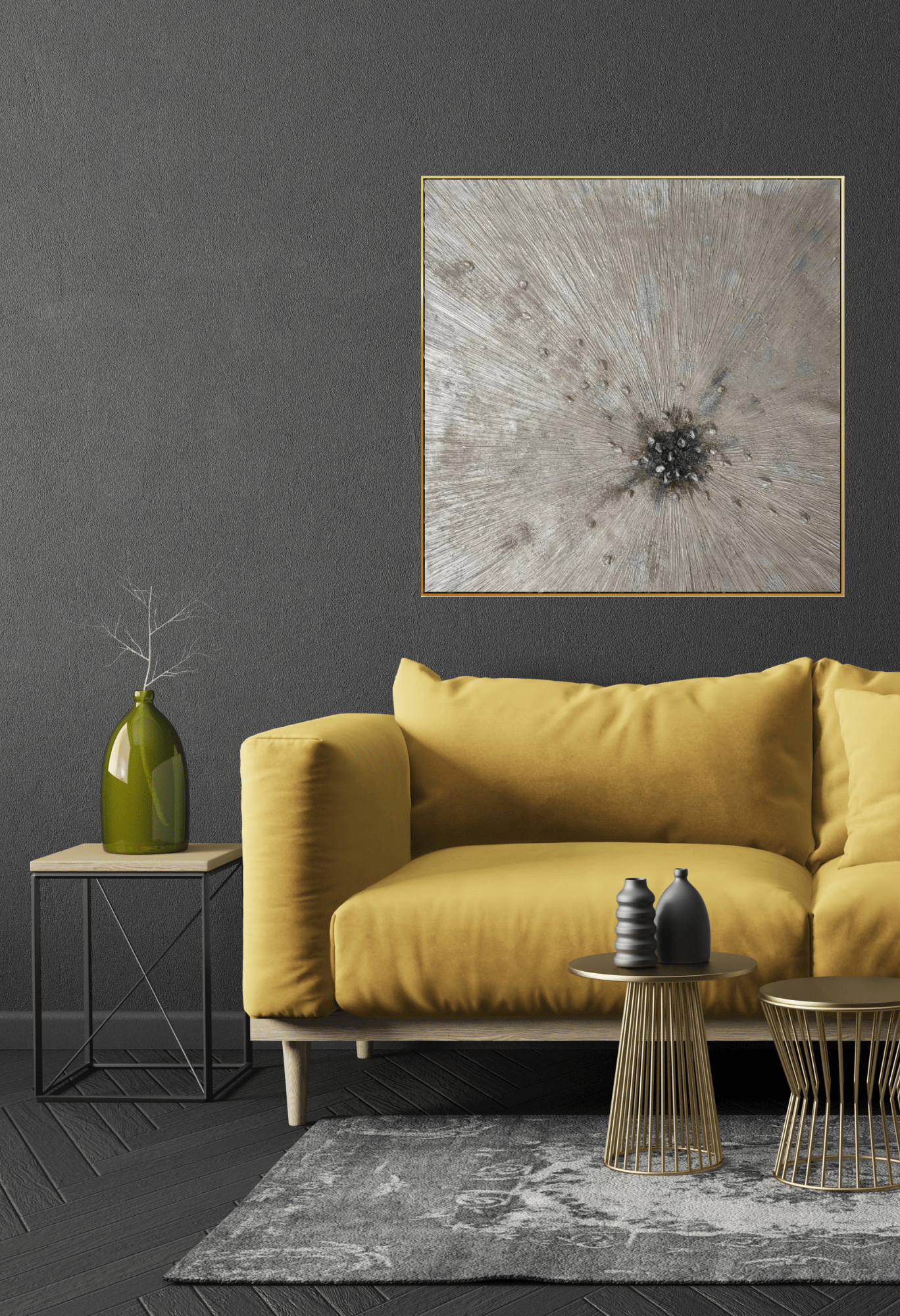 HP006 Beige and Silver Sunburst Abstract Acrylic Hand-Painted Wall Decor