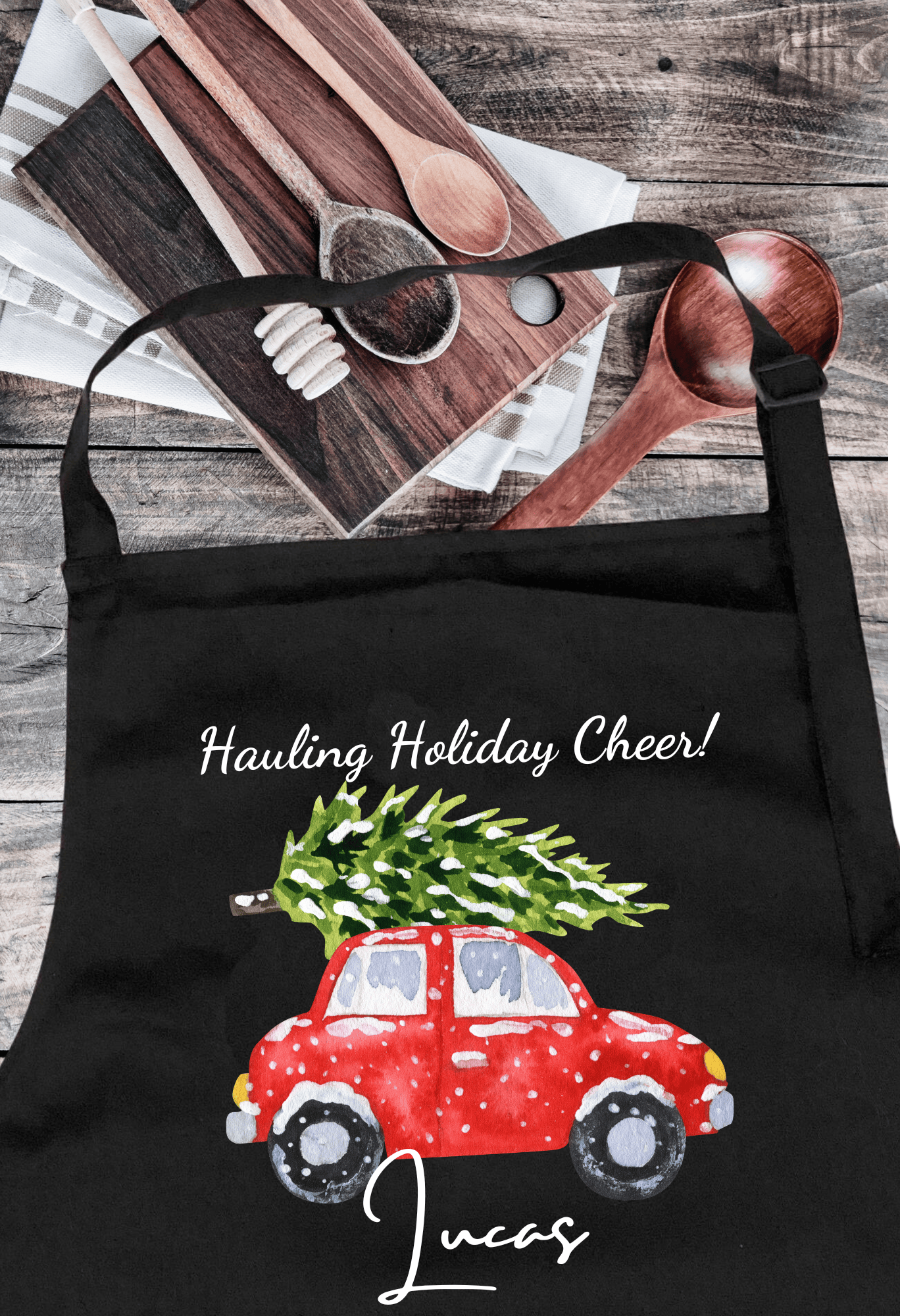 Personalized Christmas Aprons: Gingerbread Duo & Car Hauling Christmas Tree Designs