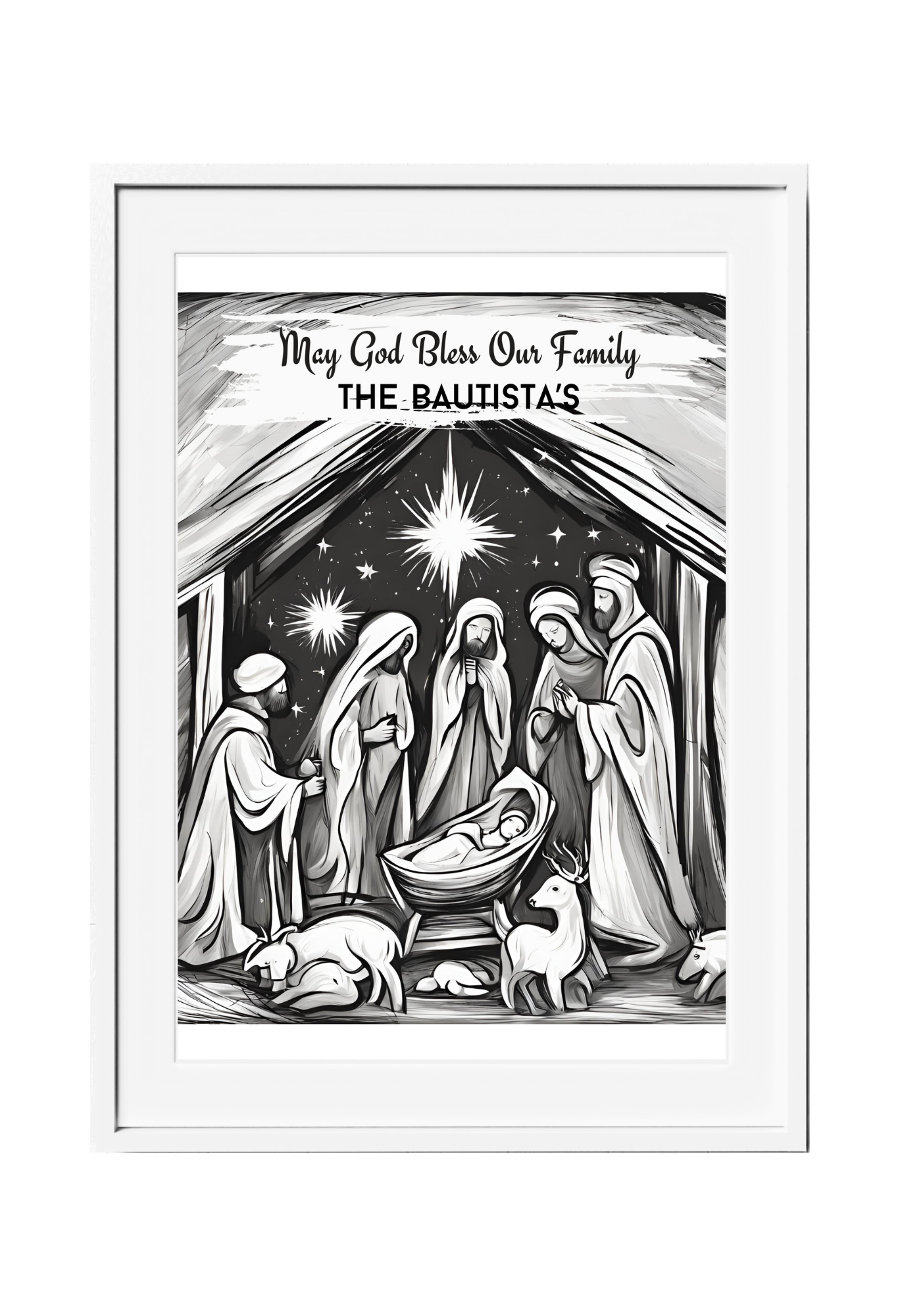 Personalized Jesus Nativity Scene Pencil Sketch-Effect Wall Art