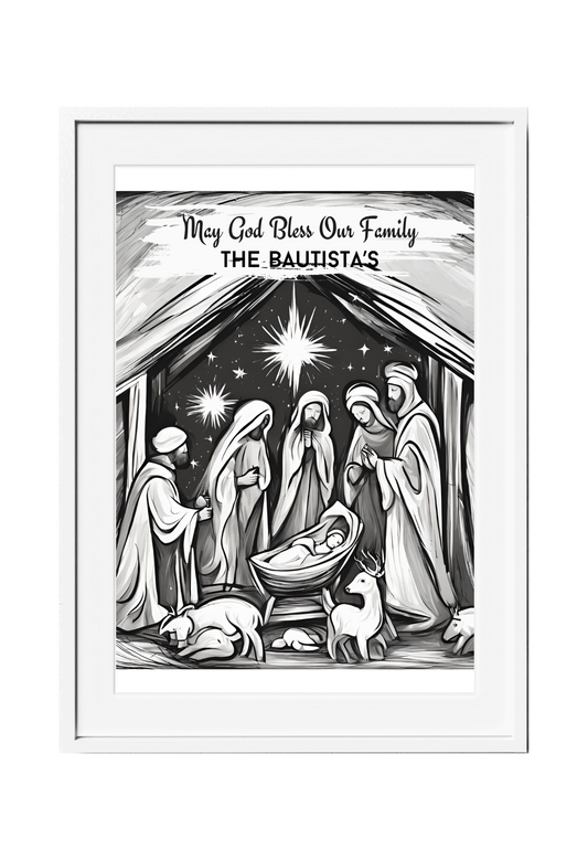 Personalized Jesus Nativity Scene Pencil Sketch-Effect Wall Art