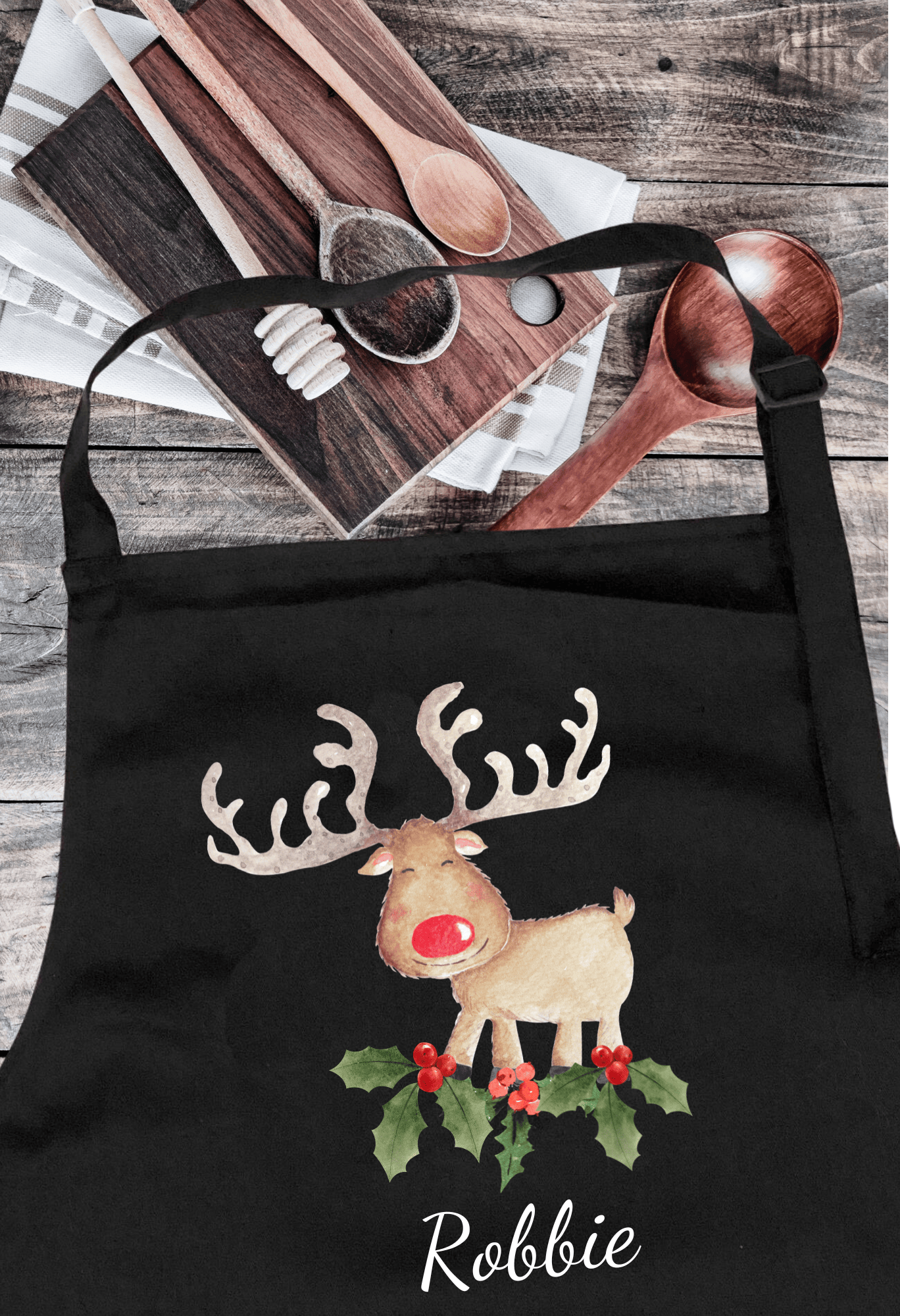 Personalized Black Christmas Apron with Reindeer Design and Witty Slogan