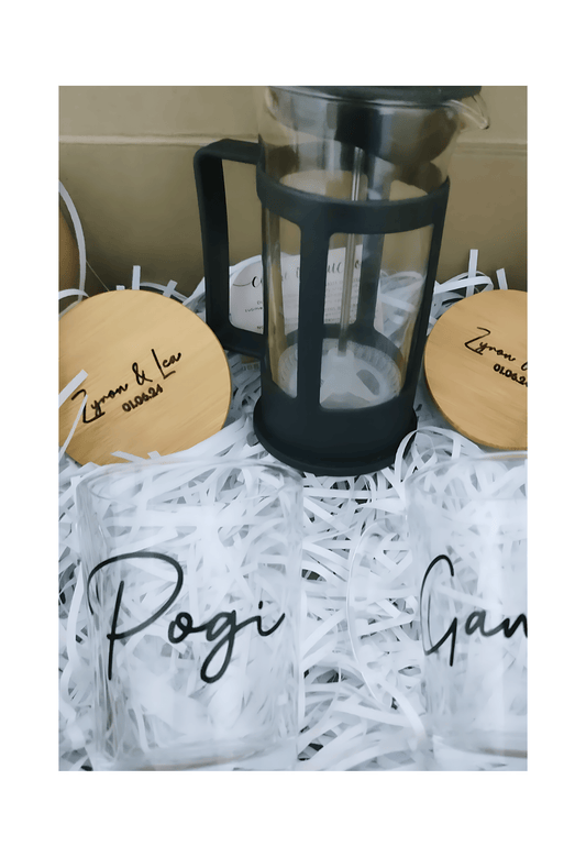Personalized Engraved Clear Glass Mug and Coffee Press Set