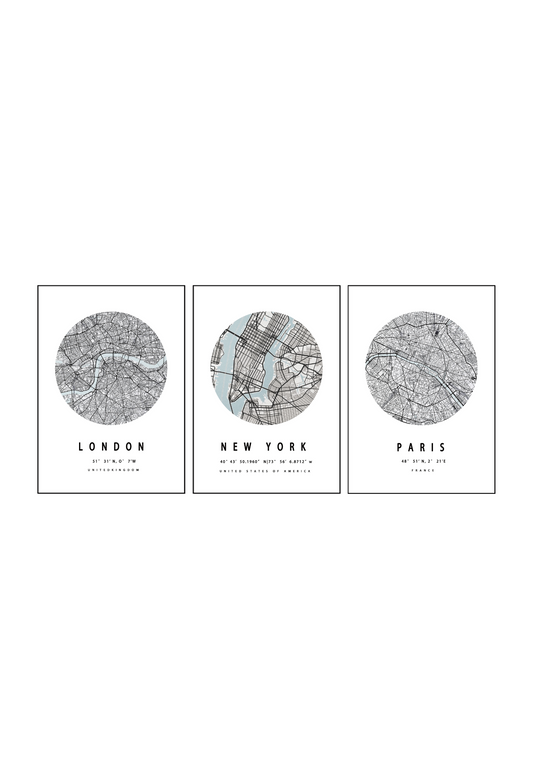 CP143 City Map Canvas Prints Wall Decor: New York, London, and Paris