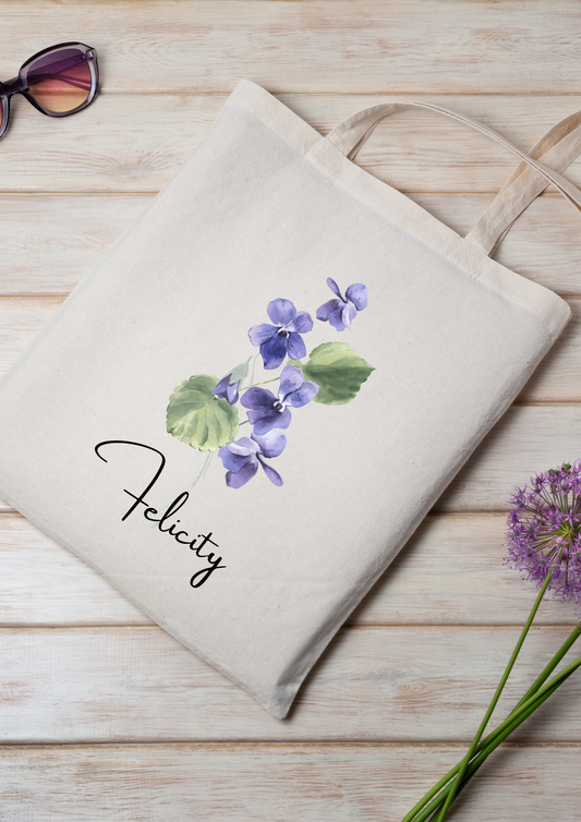 Personalized Canvas Tote Bag with February Birth Month Flower