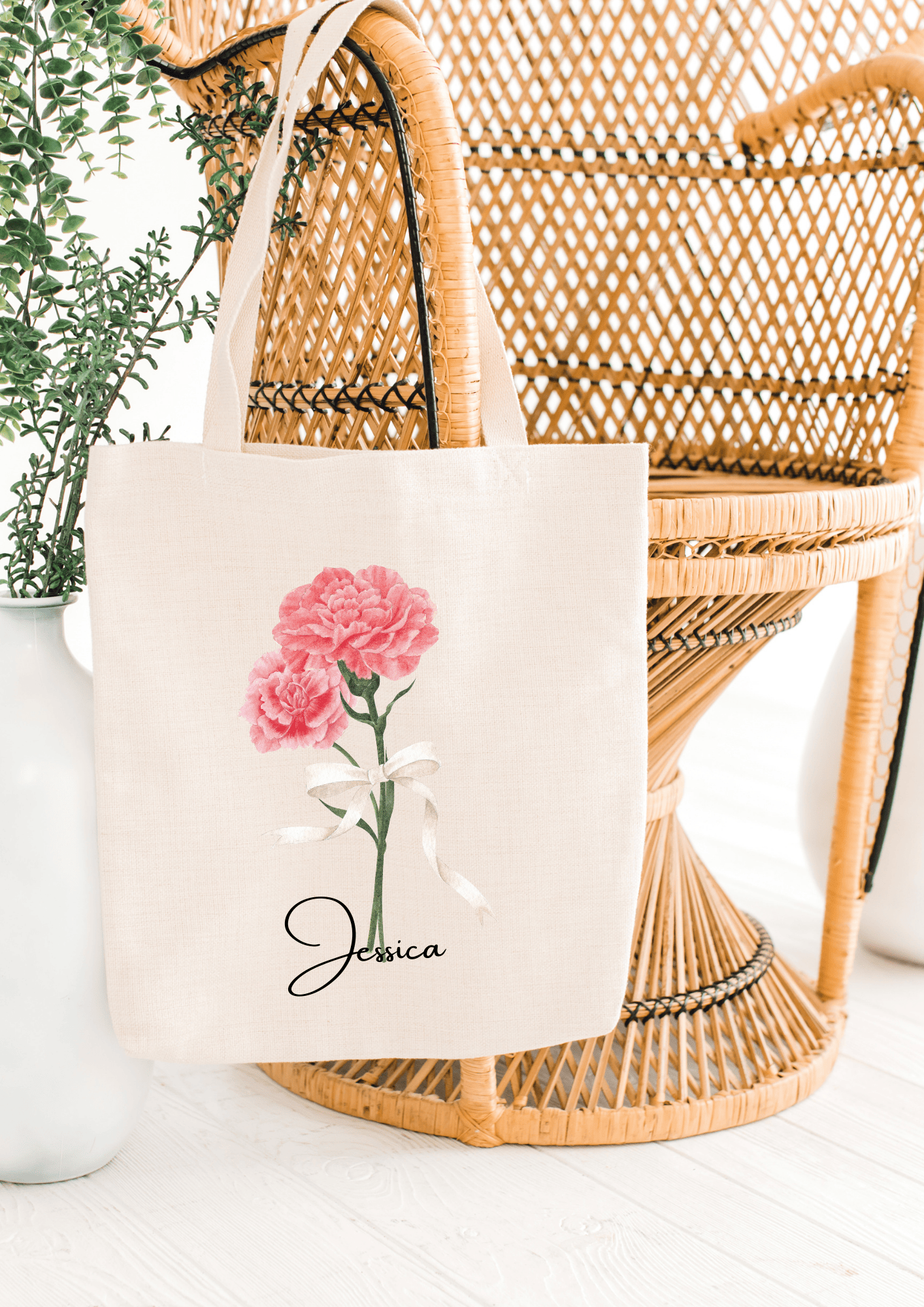 Personalized Canvas Tote Bag with January Birth Month Flower