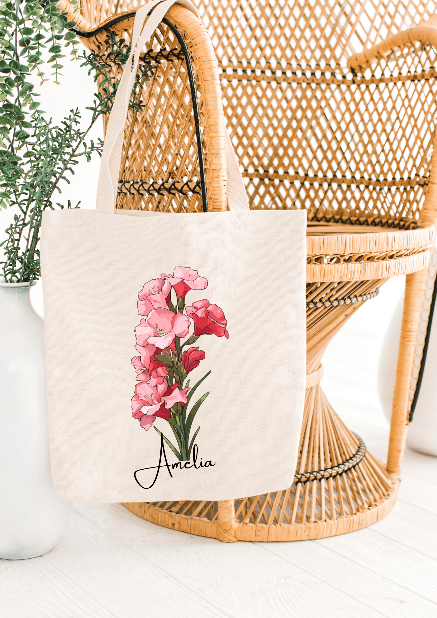 Personalized Canvas Tote Bag with August Birth Month Flower