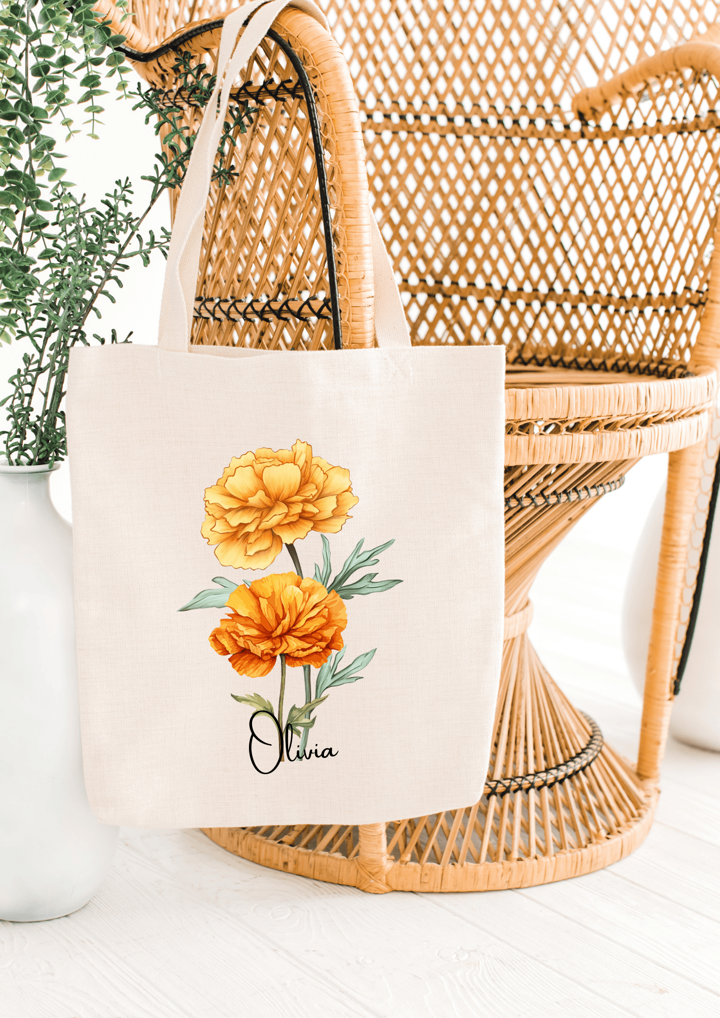 Personalized Canvas Tote Bag with October Birth Month Flower
