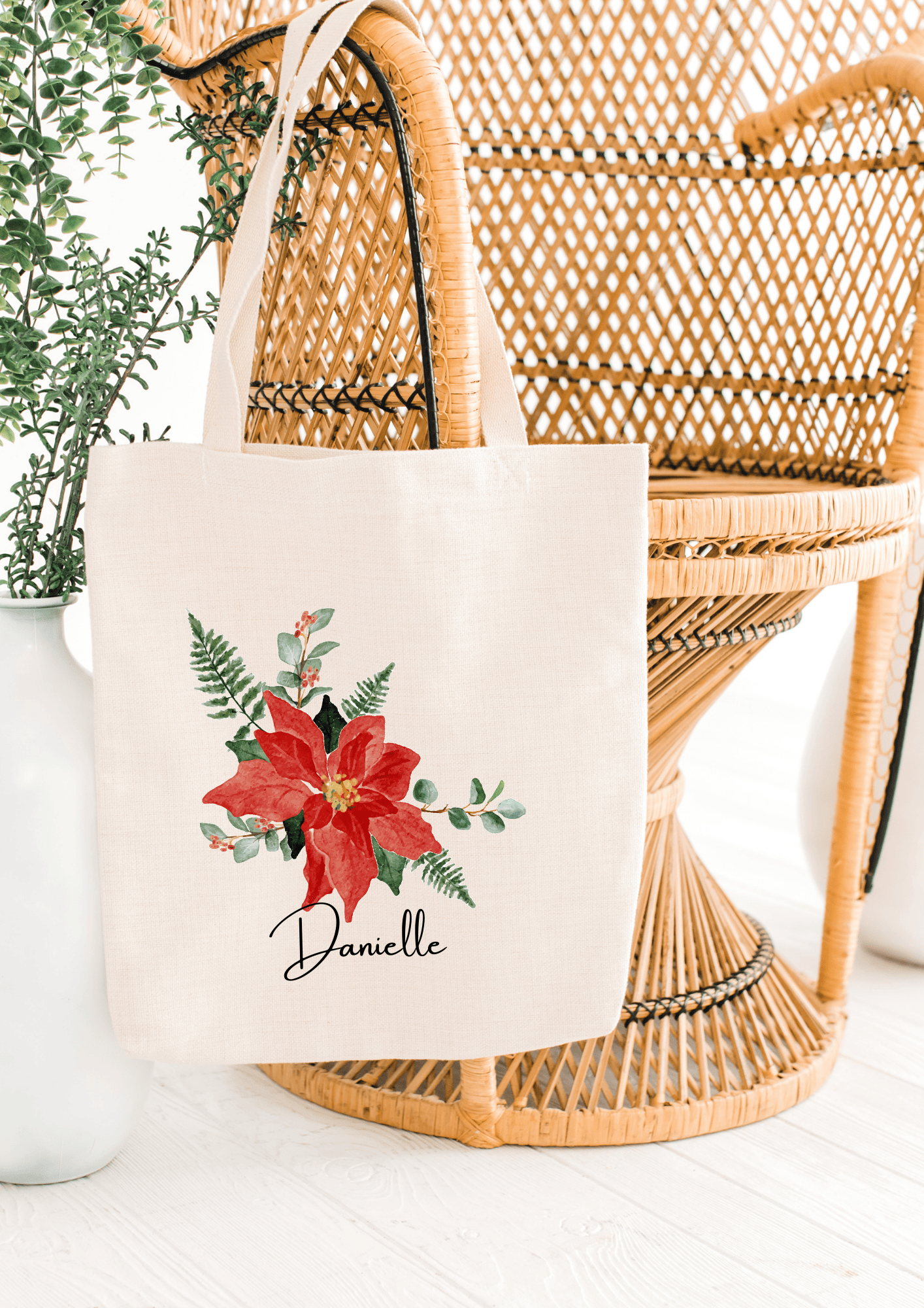 Personalized Canvas Tote Bag with December Birth Month Flower