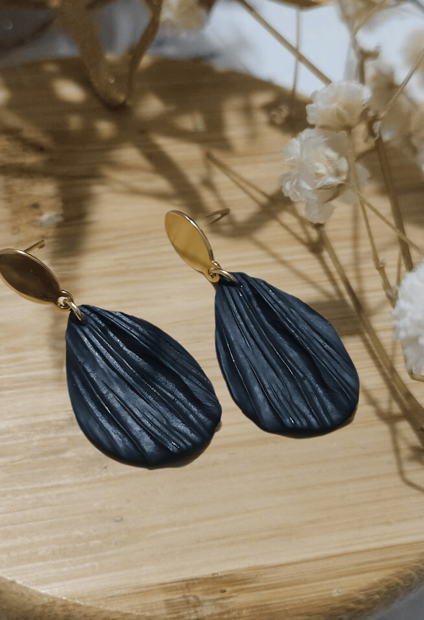 Paula's Floral Finds Handmade Black Single Petal Polymer Clay Earrings