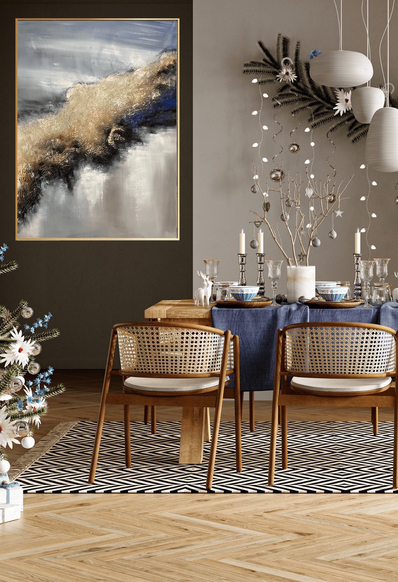 HP052 Abstract Blue and Gold Acrylic Hand-Painted Wall Decor