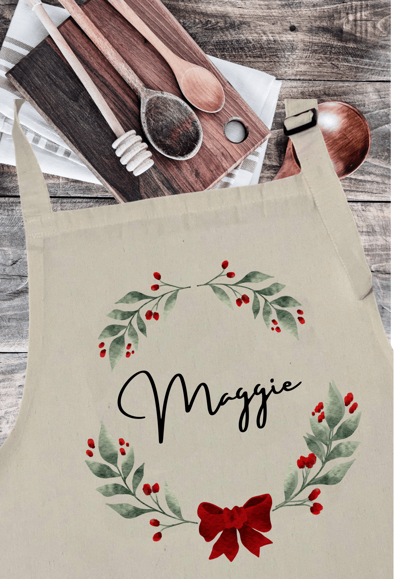 Personalized Christmas Apron with Wreath Design and Witty Slogan