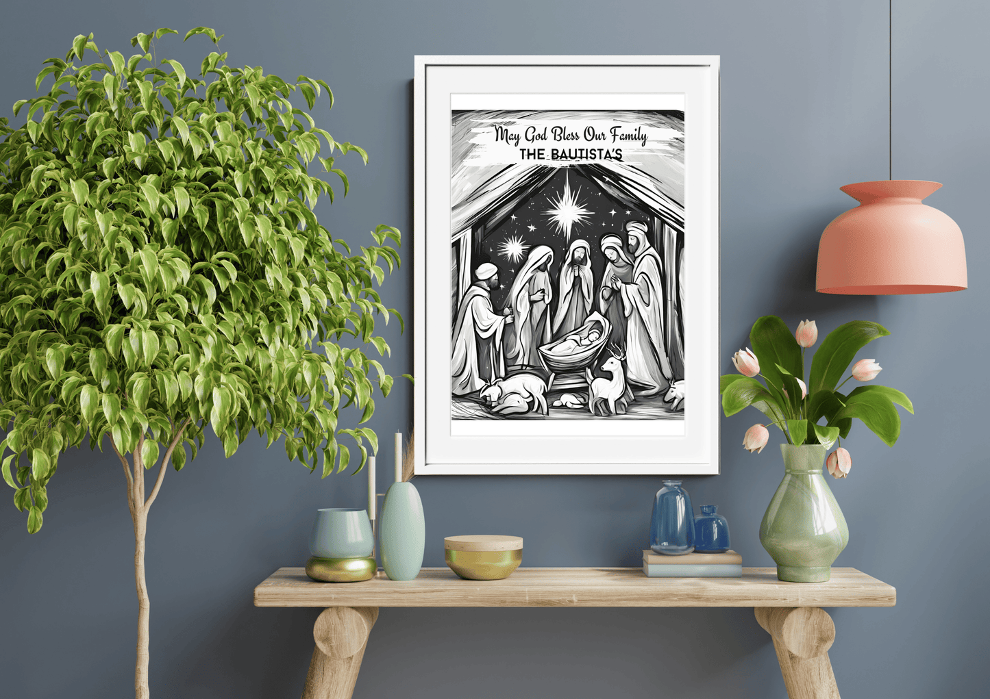 Personalized Jesus Nativity Scene Pencil Sketch-Effect Wall Art
