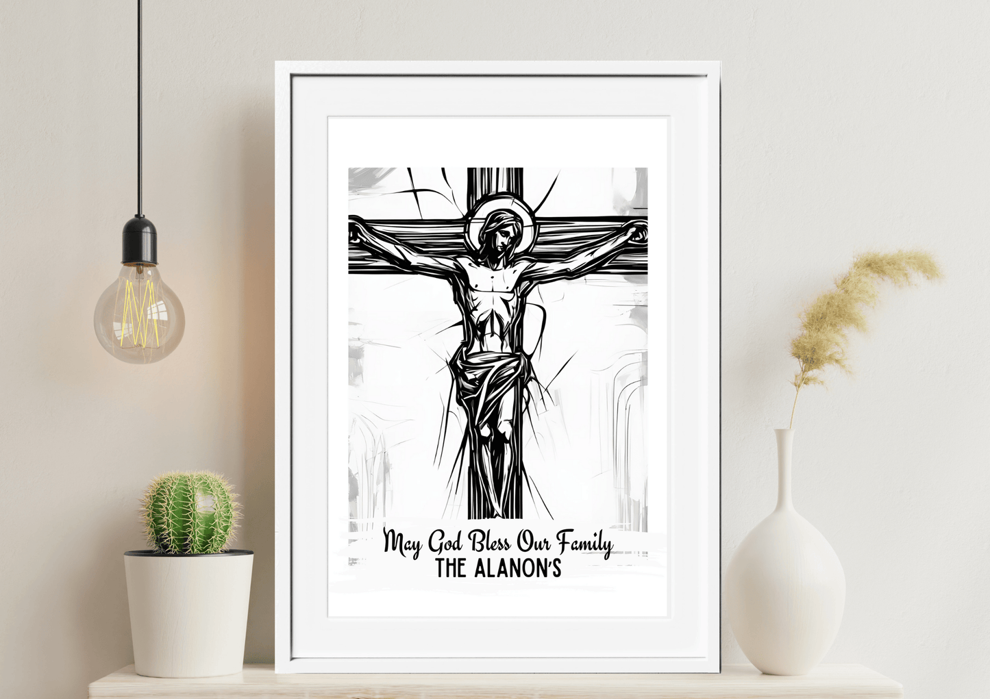 Personalized Jesus on the Cross Pencil Sketch-Effect Wall Art
