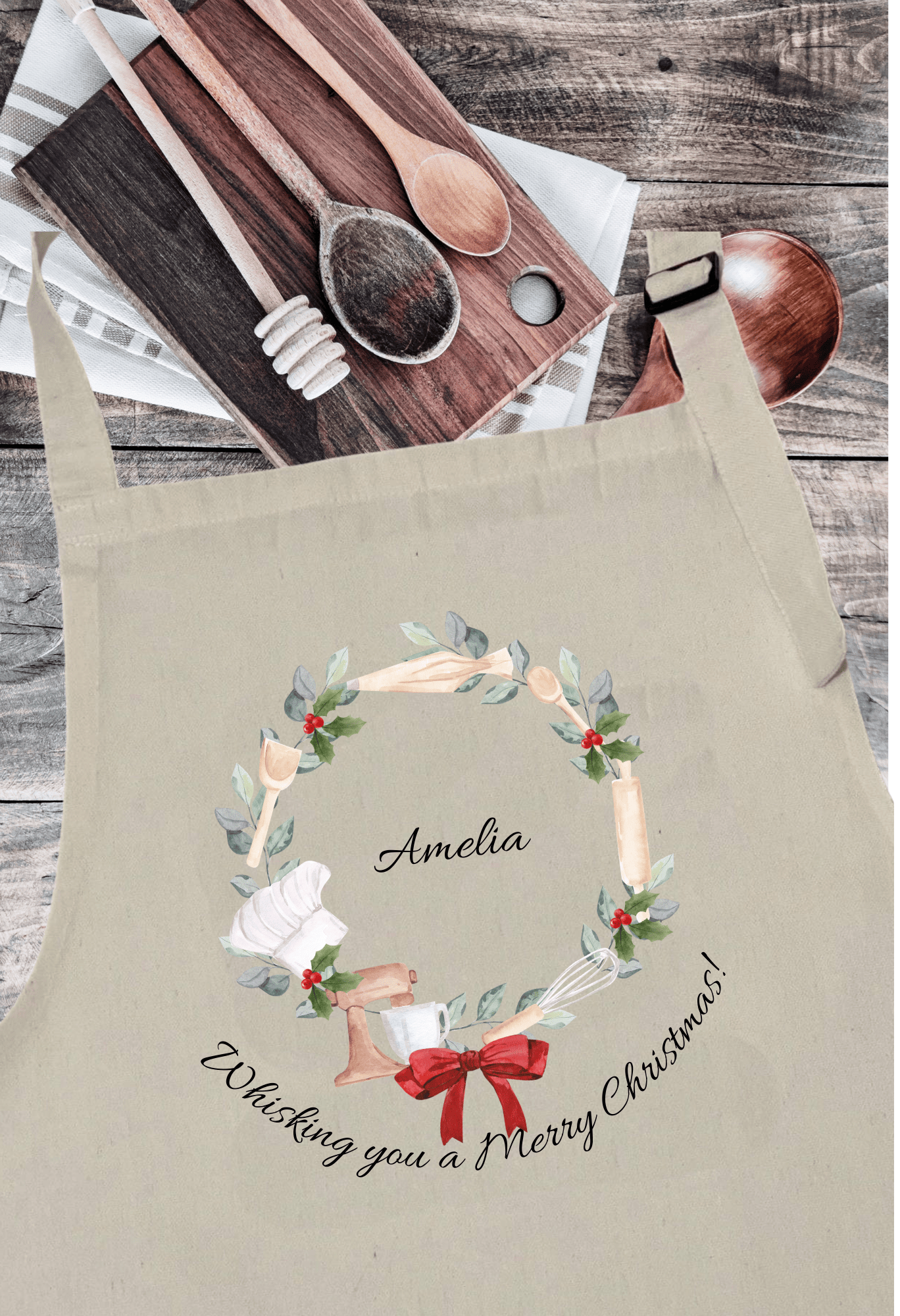 Personalized Christmas Apron with Wreath Design and Witty Slogan