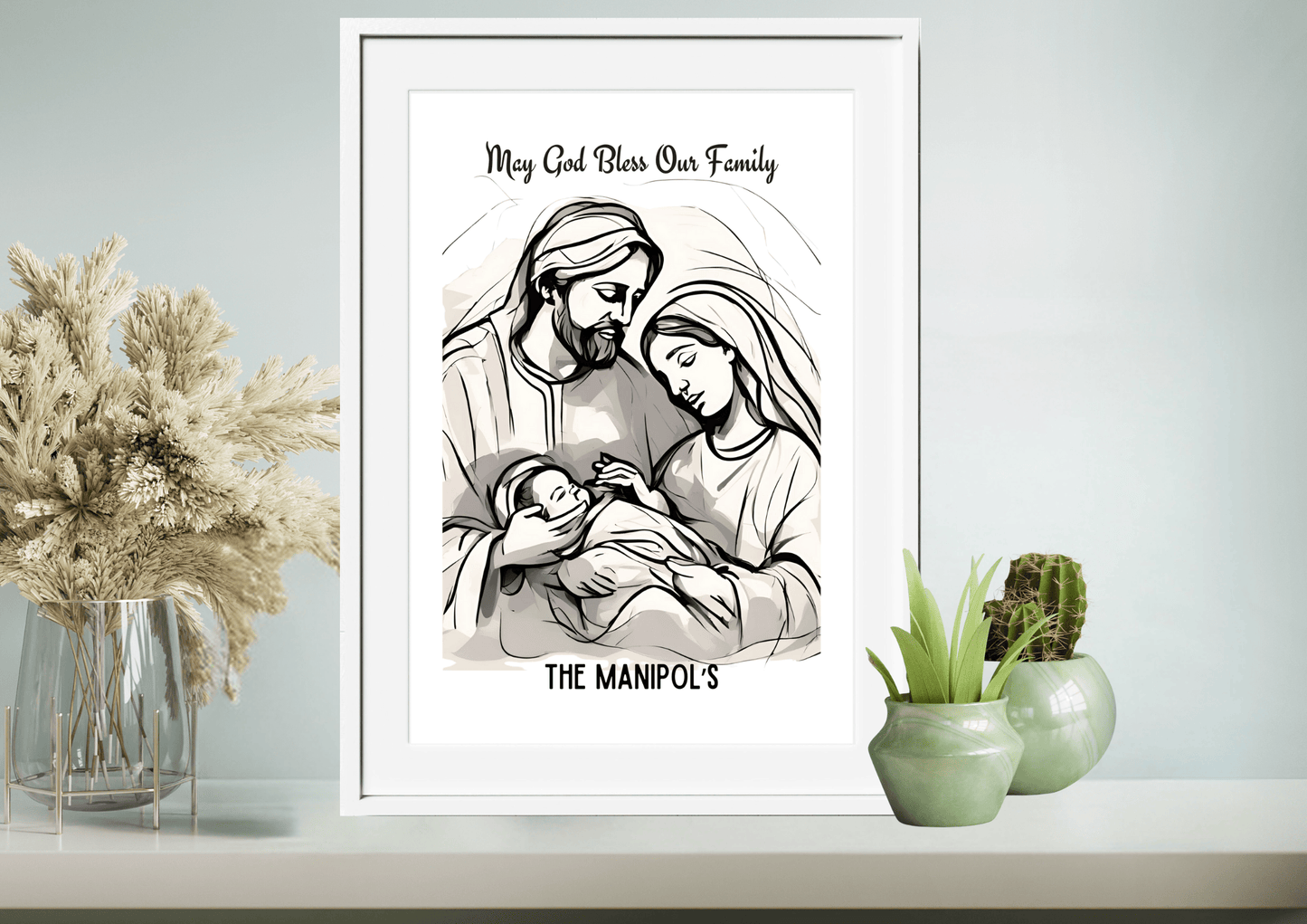 Personalized Holy Family Pencil Sketch-Effect Wall Art
