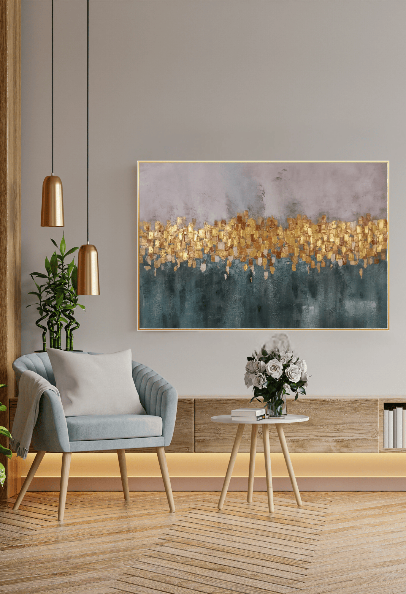 HP019 Abstract Green and Gold Hand-Painted Wall Decor
