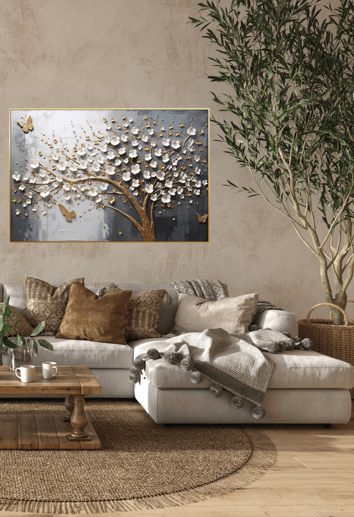 CP165 Gold, Gray and White Floral Canvas Print Wall Decor