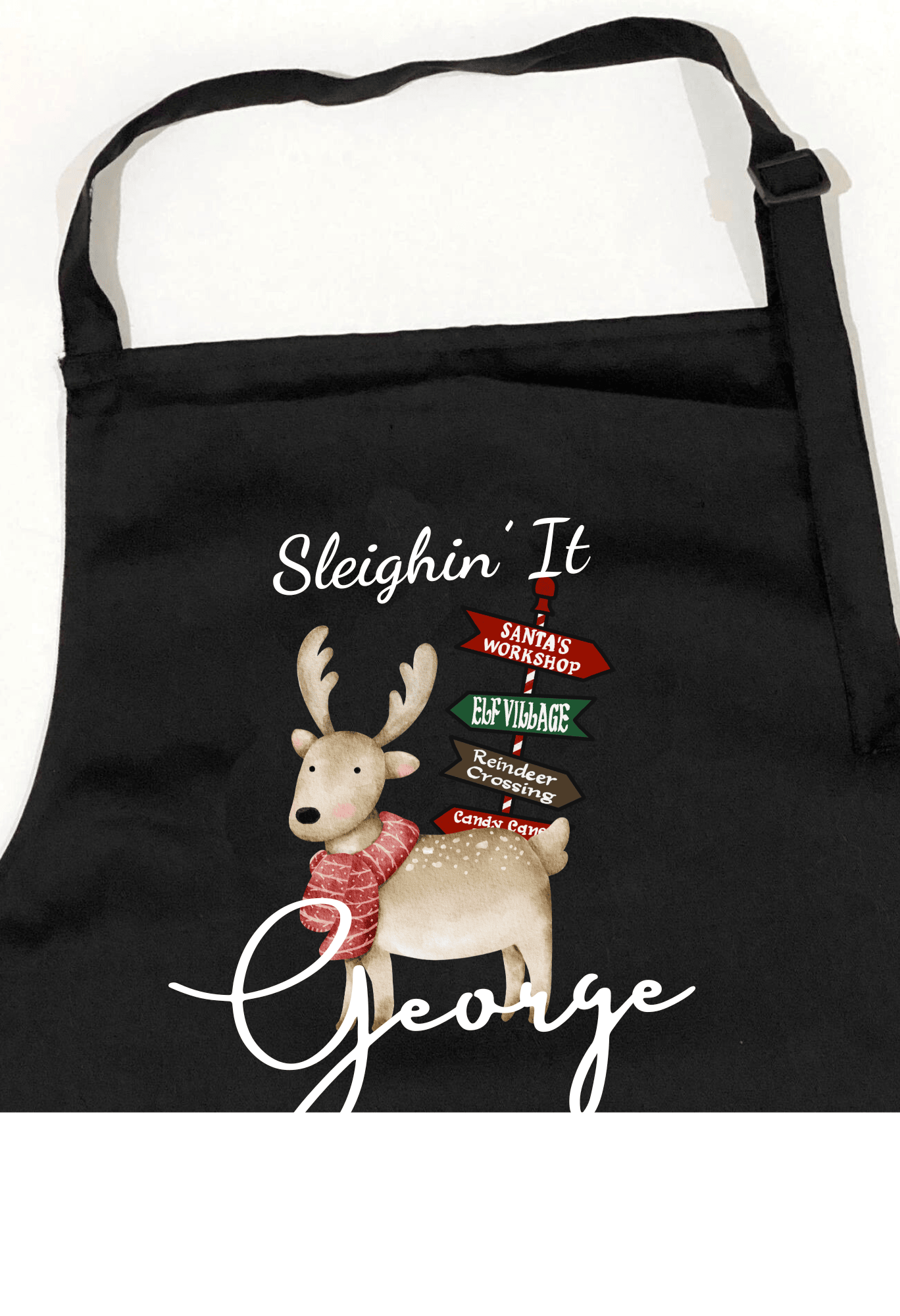 Personalized Black Christmas Apron with Reindeer Design and Witty Slogan