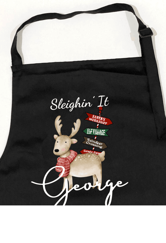 Personalized Black Christmas Apron with Reindeer Design and Witty Slogan