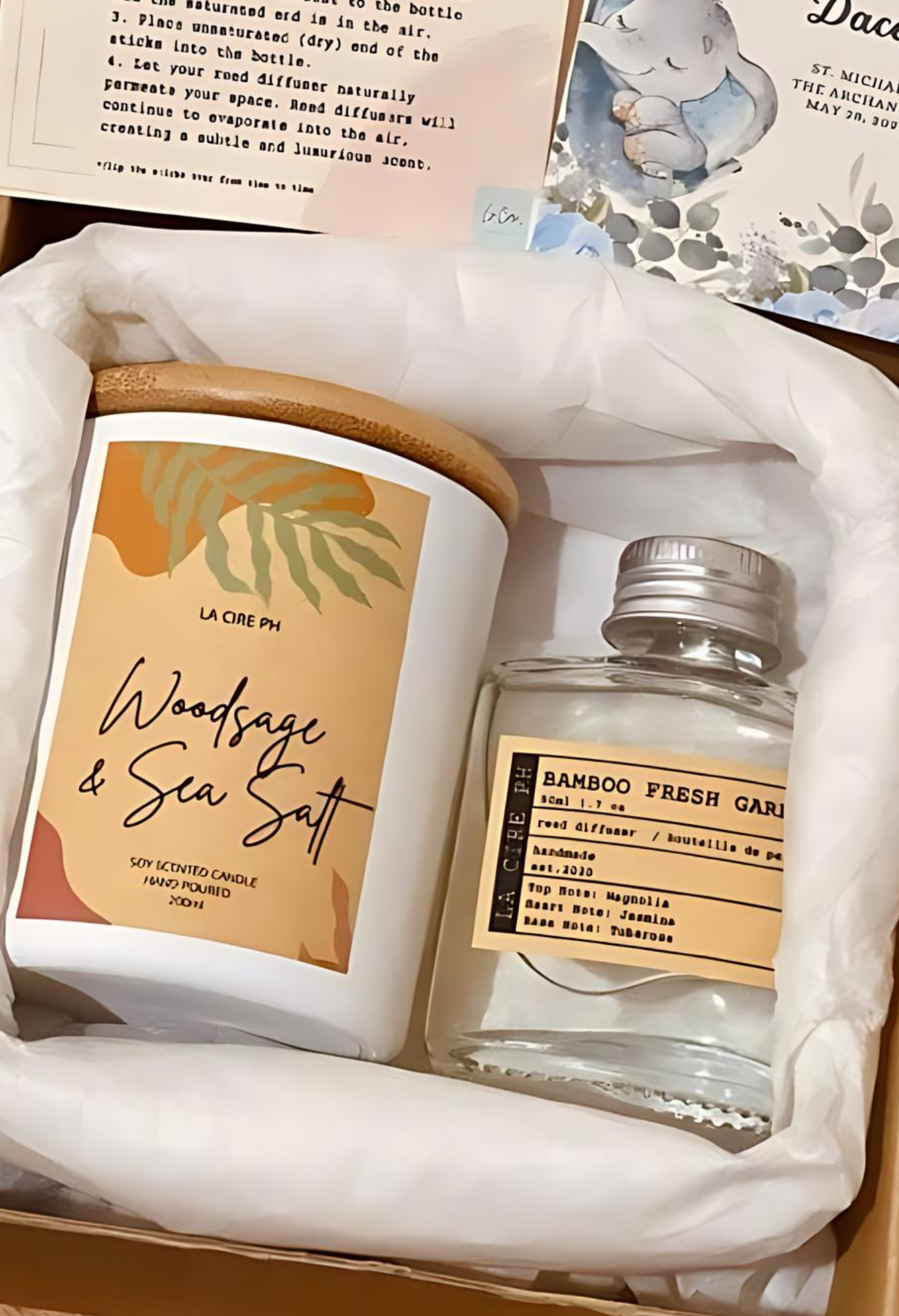 Bamboo Fresh Garden Reed Diffuser and Woodsage and Sea Salt Scented Soy Candle Set