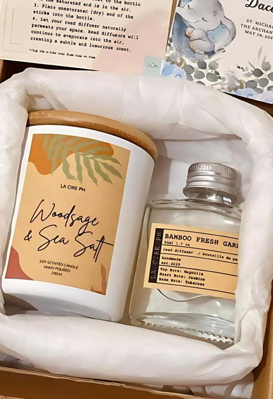 Bamboo Fresh Garden Reed Diffuser and Woodsage and Sea Salt Scented Soy Candle Set