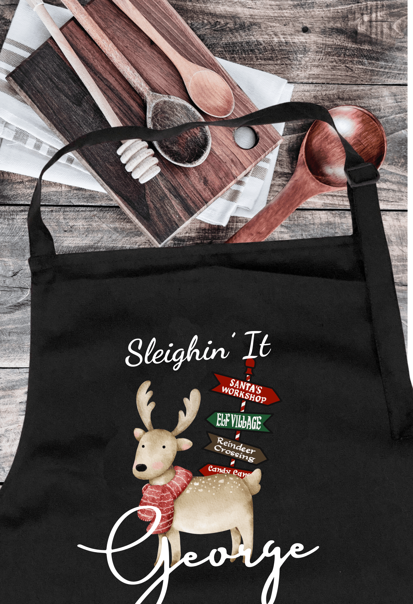 Personalized Black Christmas Apron with Reindeer Design and Witty Slogan