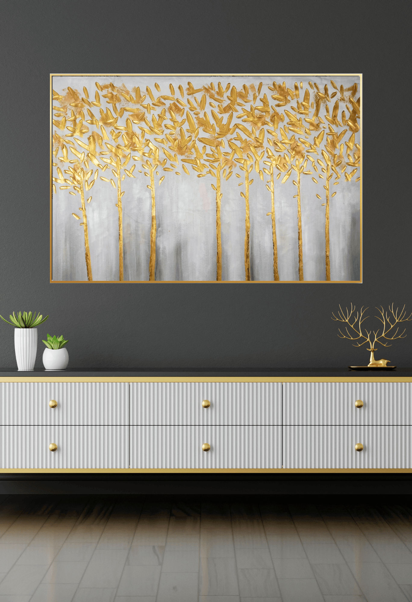 HP025 Minimalist Gold Trees Hand-Painted Wall Decor