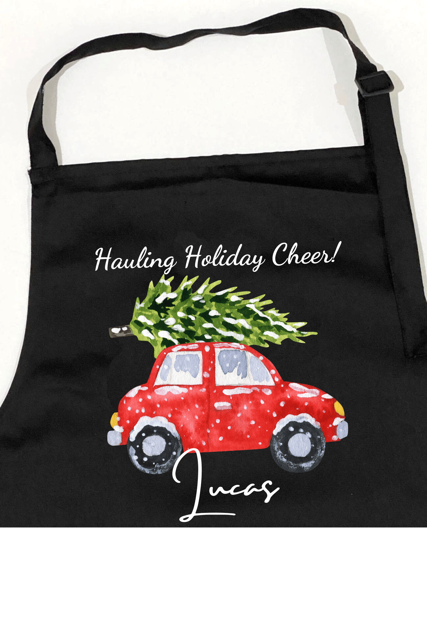 Personalized Christmas Aprons: Gingerbread Duo & Car Hauling Christmas Tree Designs