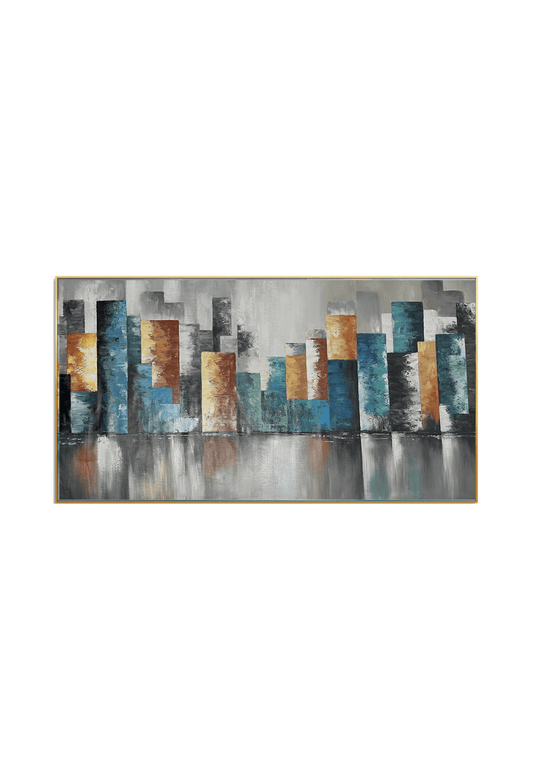 HP045 Abstract Cityscape in Blue and Yellow Hues Hand-Painted Wall Decor