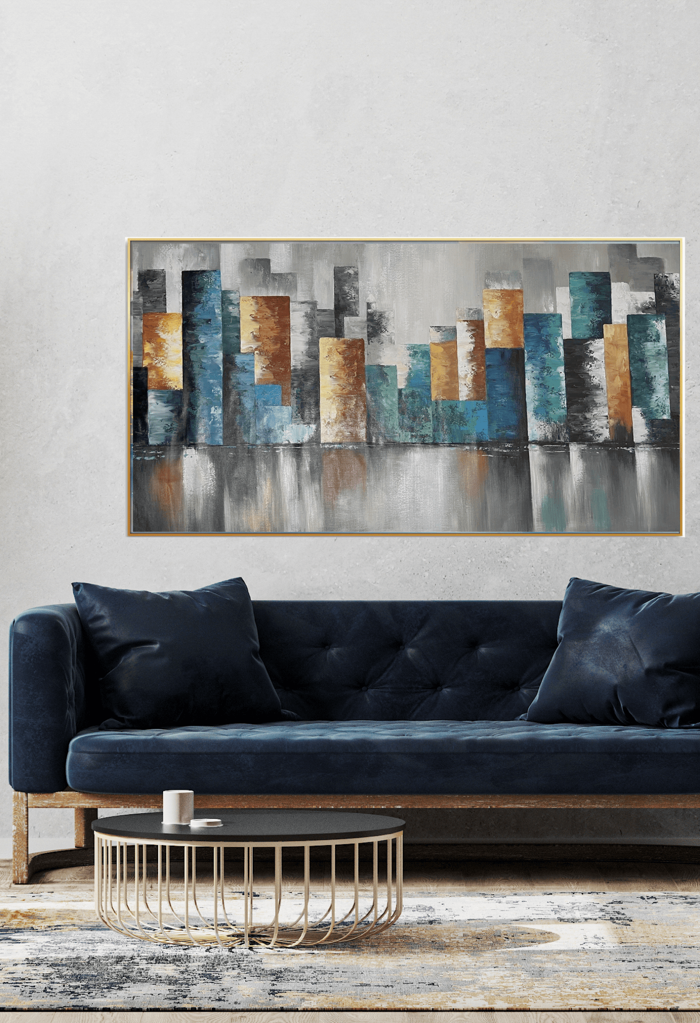HP045 Abstract Cityscape in Blue and Yellow Hues Hand-Painted Wall Decor