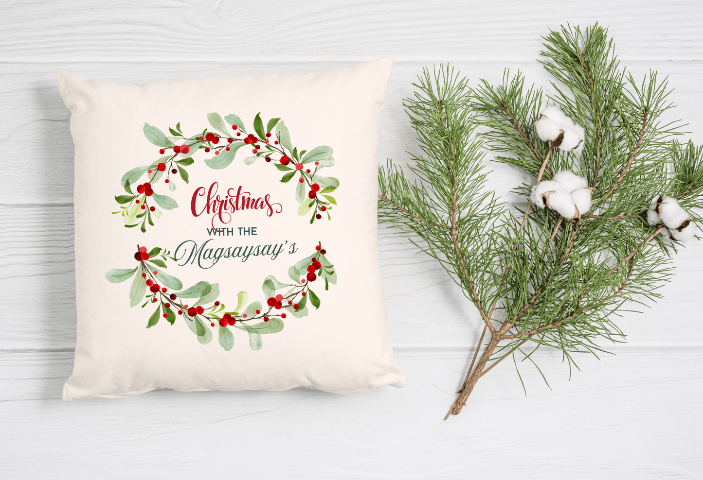 Personalized Christmas Wreath Cushion Cover (Pillow Insert Not Included)