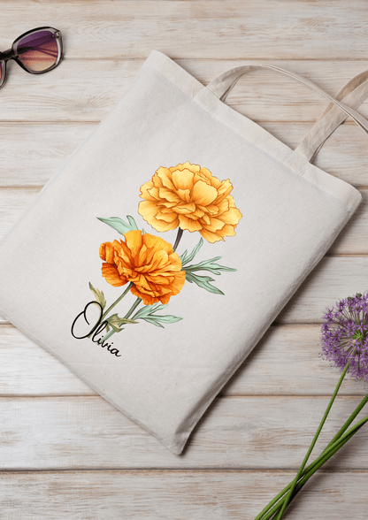 Personalized Canvas Tote Bag with October Birth Month Flower