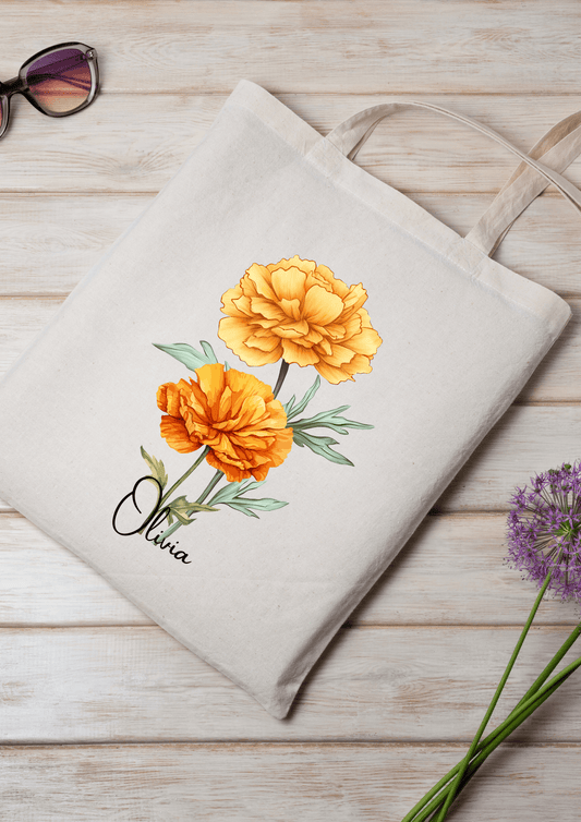 Personalized Canvas Tote Bag with October Birth Month Flower