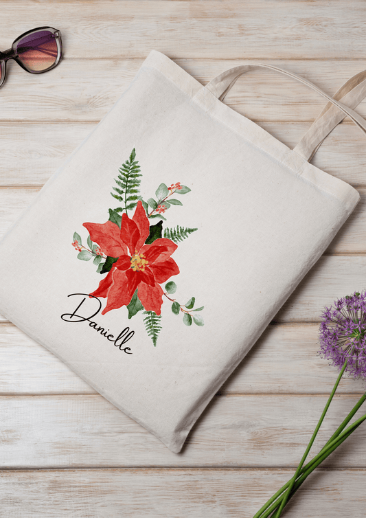 Personalized Canvas Tote Bag with December Birth Month Flower