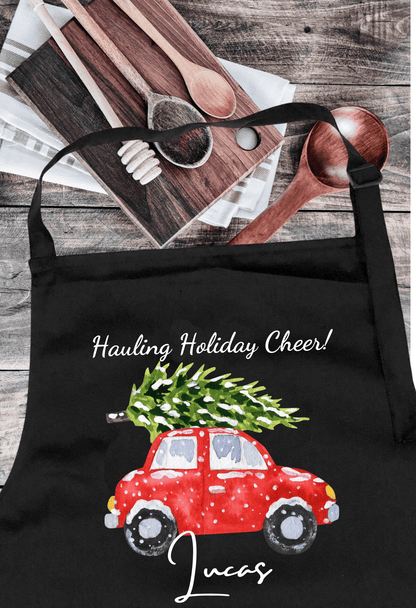 Personalized Christmas Aprons: Gingerbread Duo & Car Hauling Christmas Tree Designs