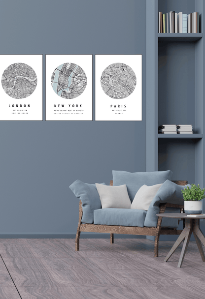 CP143 City Map Canvas Prints Wall Decor: New York, London, and Paris