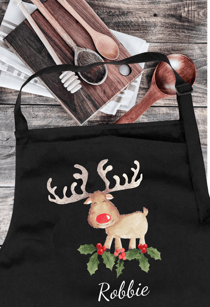 Personalized Black Christmas Apron with Reindeer Design and Witty Slogan