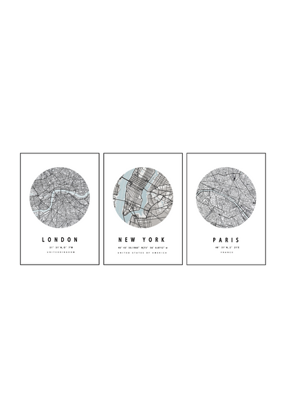 CP143 City Map Canvas Prints Wall Decor: New York, London, and Paris