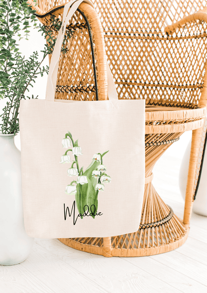 Personalized Canvas Tote Bag with May Birth Month Flower