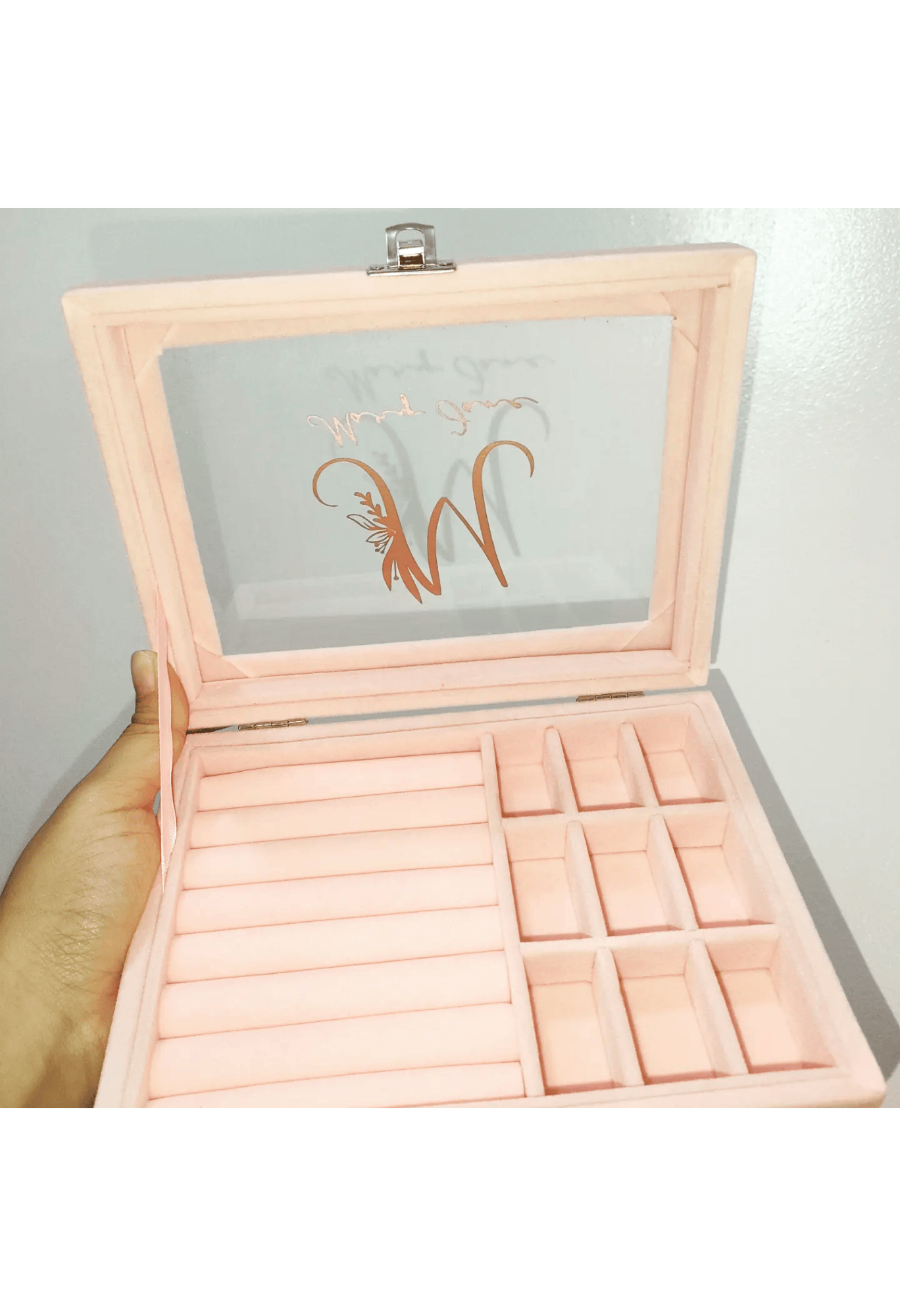 Personalized Velvet Jewelry Box with Glass Top