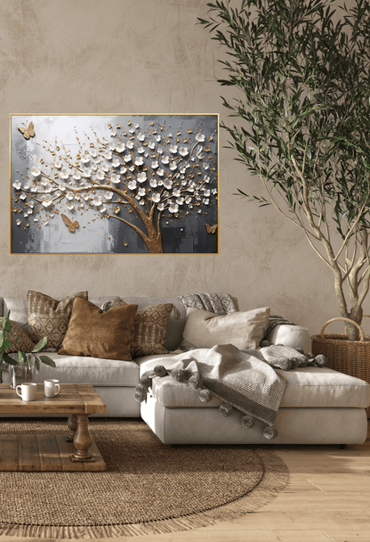 CP165 Gold, Gray and White Floral Canvas Print Wall Decor