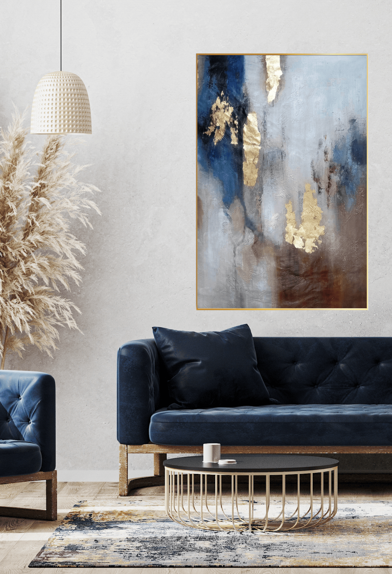 HP026 Abstract Blue and Brown with Gold Foil Hand-Painted Wall Decor