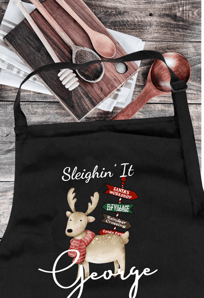 Personalized Black Christmas Apron with Reindeer Design and Witty Slogan