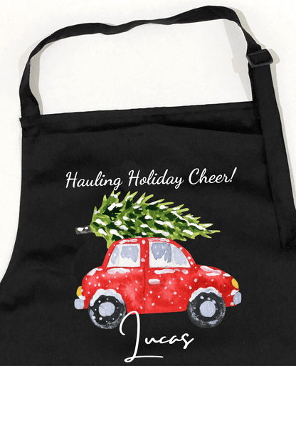 Personalized Christmas Aprons: Gingerbread Duo & Car Hauling Christmas Tree Designs